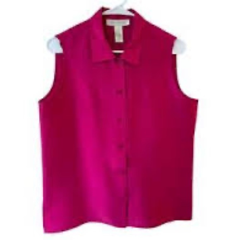 Jones New York 100% Silk Magenta Hot Pink button down vest blouse sz 10